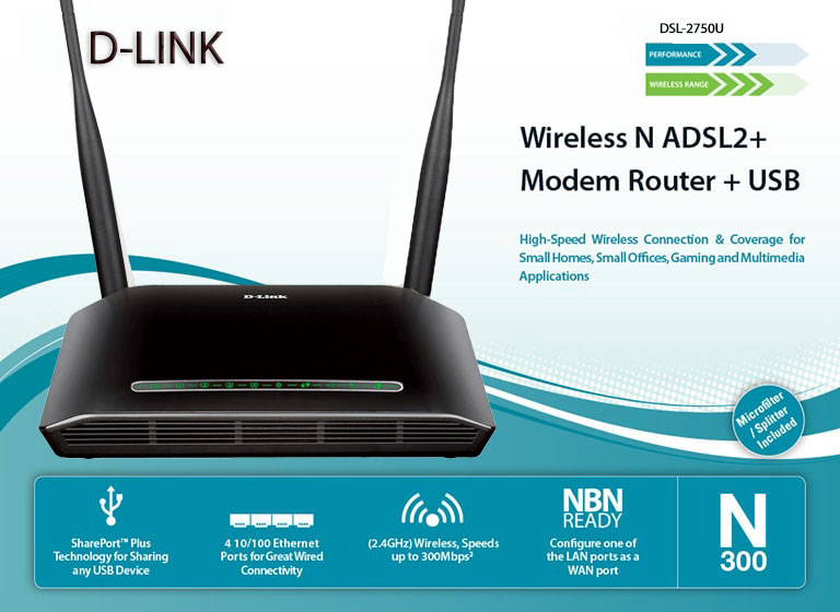 مودم روتر دی لینک D-Link DSL-2750U وای فای ADSL2+ N300