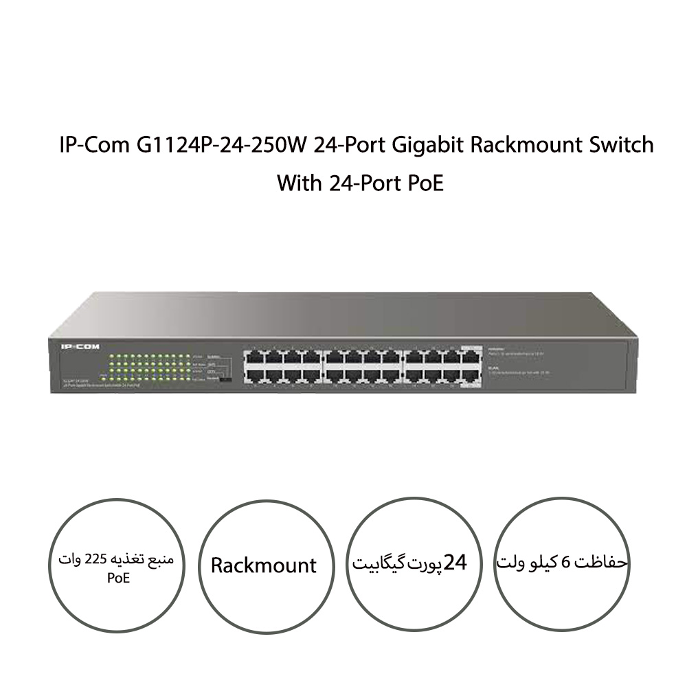 سوییچ شبکه آی پی کام IP-Com G1124P گیگابیت 24 پورت PoE رکمونت با ظرفیت 250w