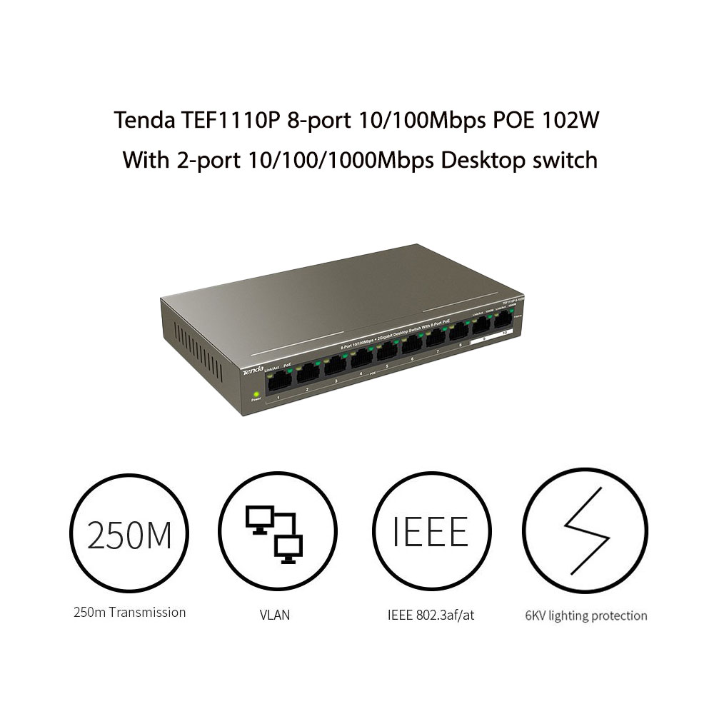سوییچ POE تندا Tenda TEF1110P-8-102W دسکتاپ 8 پورت 10/100Mbps با 2 پورت Gigabit