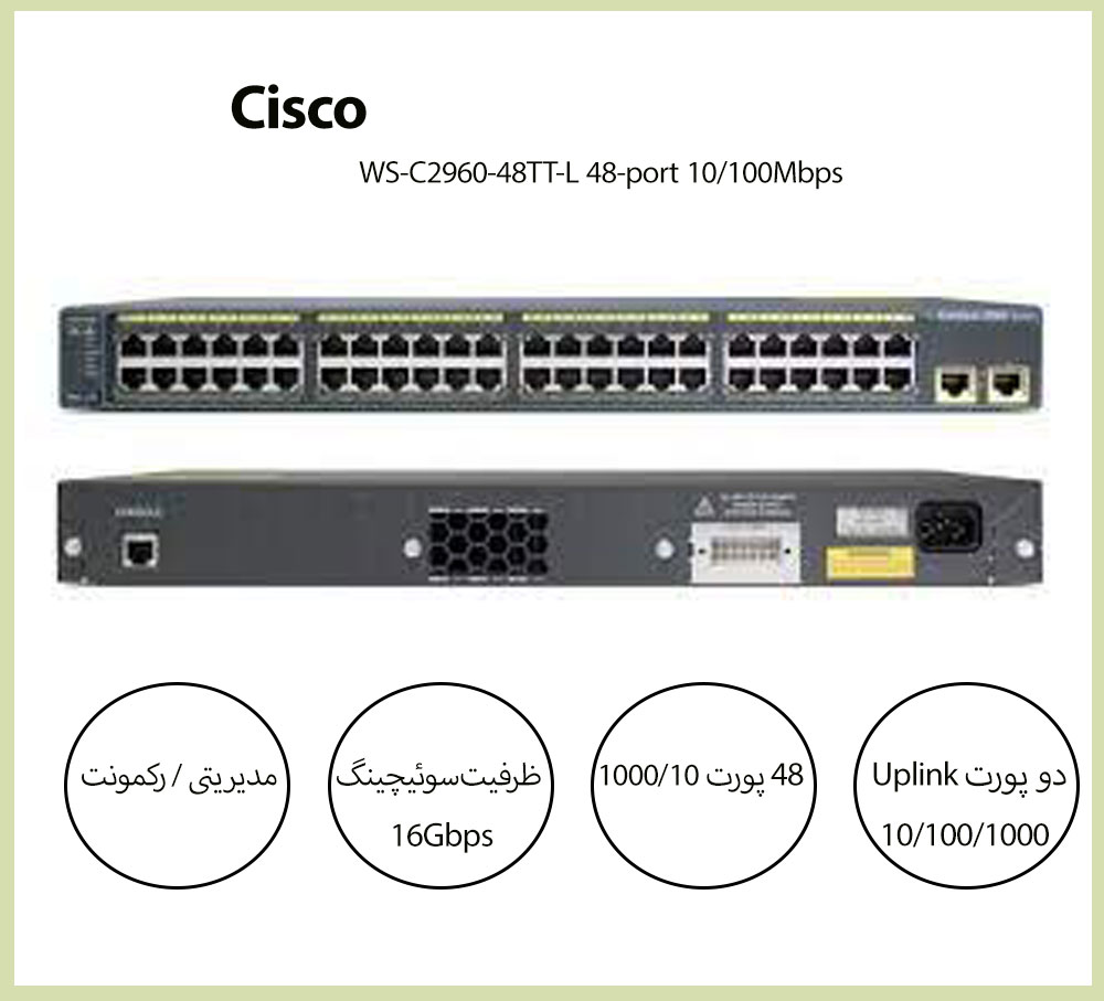سوئیچ سیسکو Cisco WS-C2960-48TT-L رکمونت 48 پورت 10/100Mbps با 2 پورت 10/100/1000Mbps