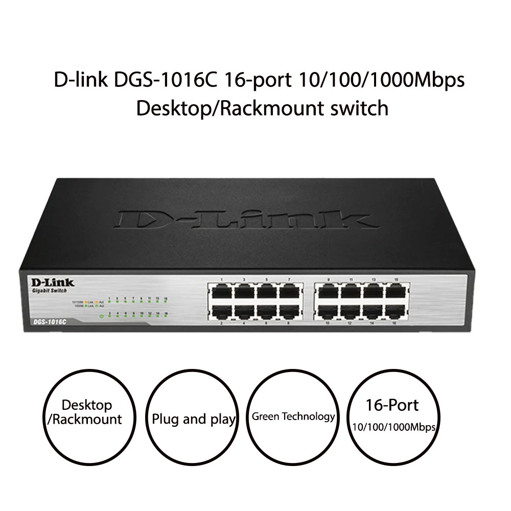 سوئیچ دی لینک D-Link DGS-1016C دسکتاپ-رکمونت 16 پورت 10/100/1000Mbps