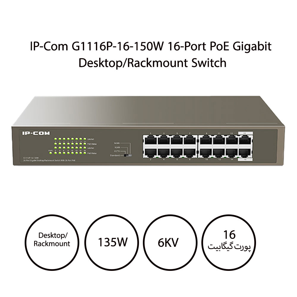 سوییچ آی پی کام IP-Com G1116p دسکتاپ-رکمونت 16 پورت 10/100/1000Mbps با توان 150W POE