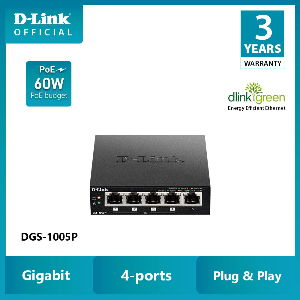 سوئیچ دی لینکD-Link DGS-1005P POE دسکتاپ 5 پورت 10/100/1000Mbps با 4 پورت POE