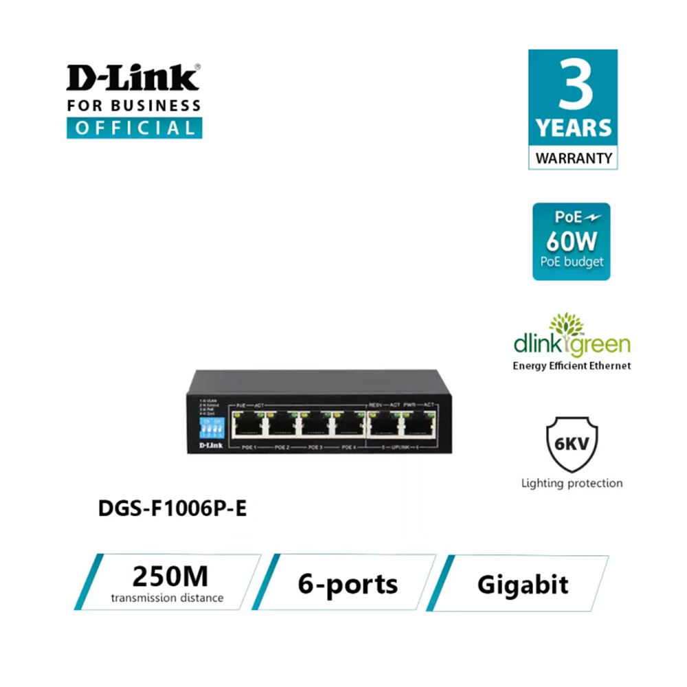 سوئیچ دی لینک D-Link DGS-F1006P-E دسکتاپ 6 پورت گیگابیت 4 پورت POE