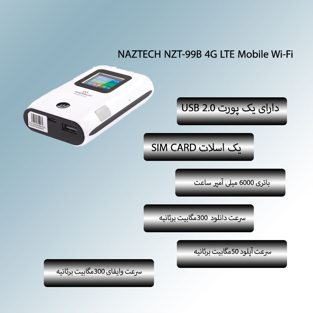 مودم سیم کارتی همراه 4G نزتک Naztech NZT-99B وایفای N300 با باتری 6000mAh