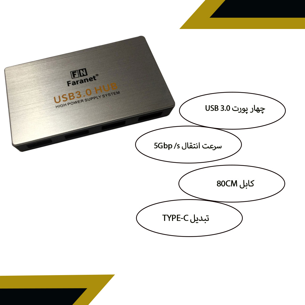 هاب USB 3.0 فرانت Faranet FN-U3H402 با 4 پورت کیس فلزی با پاور Type C و کابل 80CM