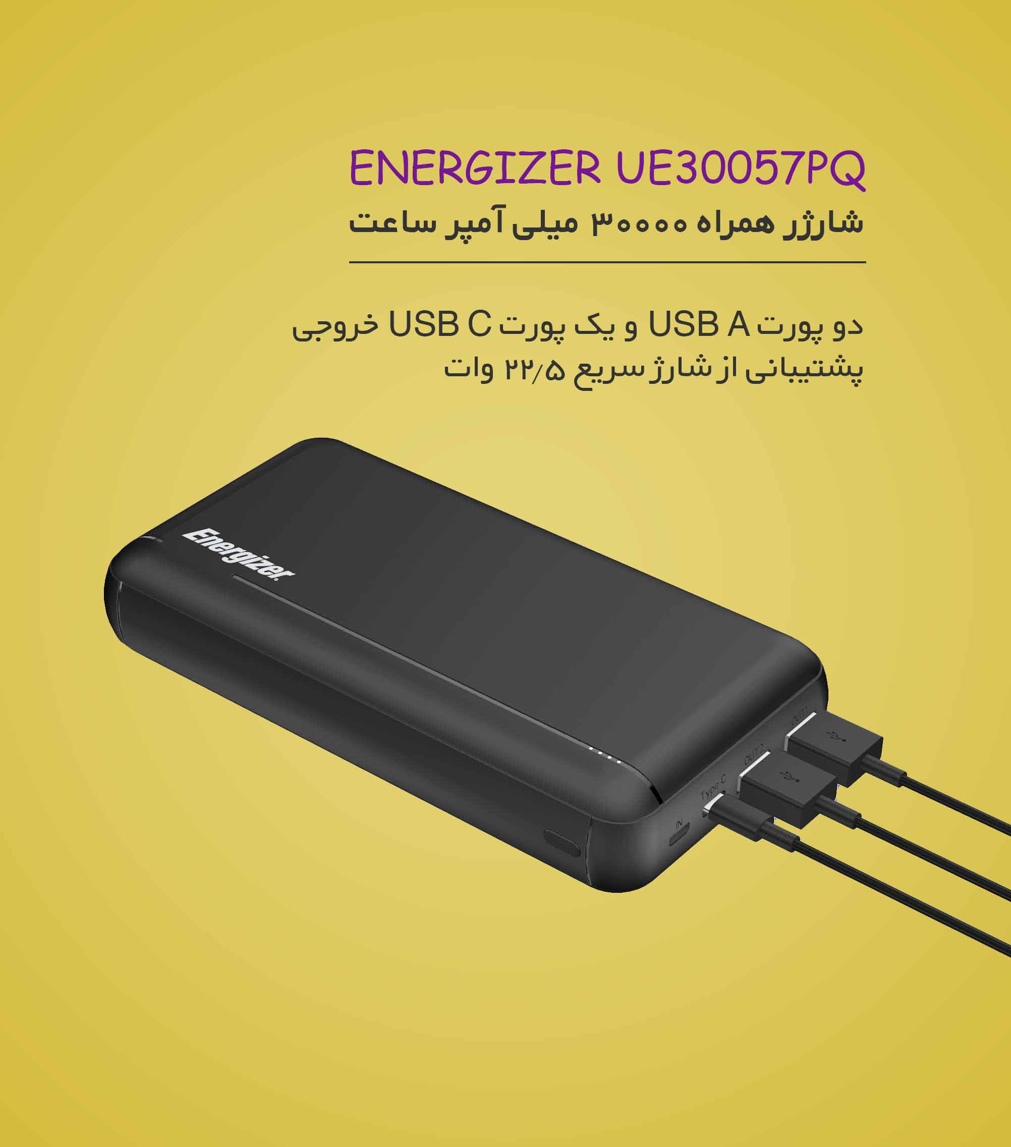 شارژر همراه انرجایزر ENERGIZER UE30057PQ ظرفیت 30000mAh - شبکه ساز
