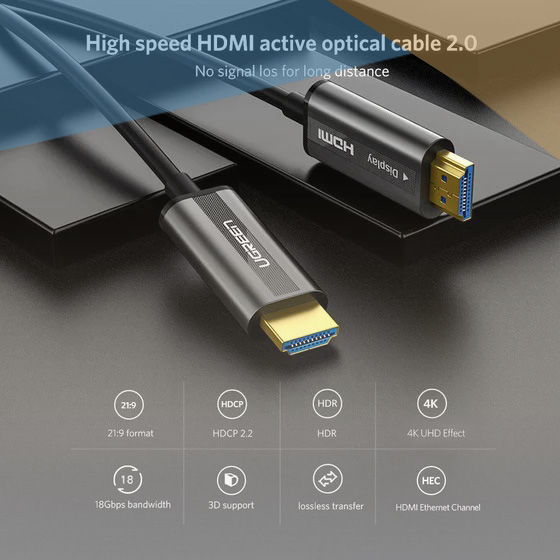 کابل HDMI 4K فایبر اپتیک یوگرین Ugreen HD132 ورژن V2.0 طول 20 متر