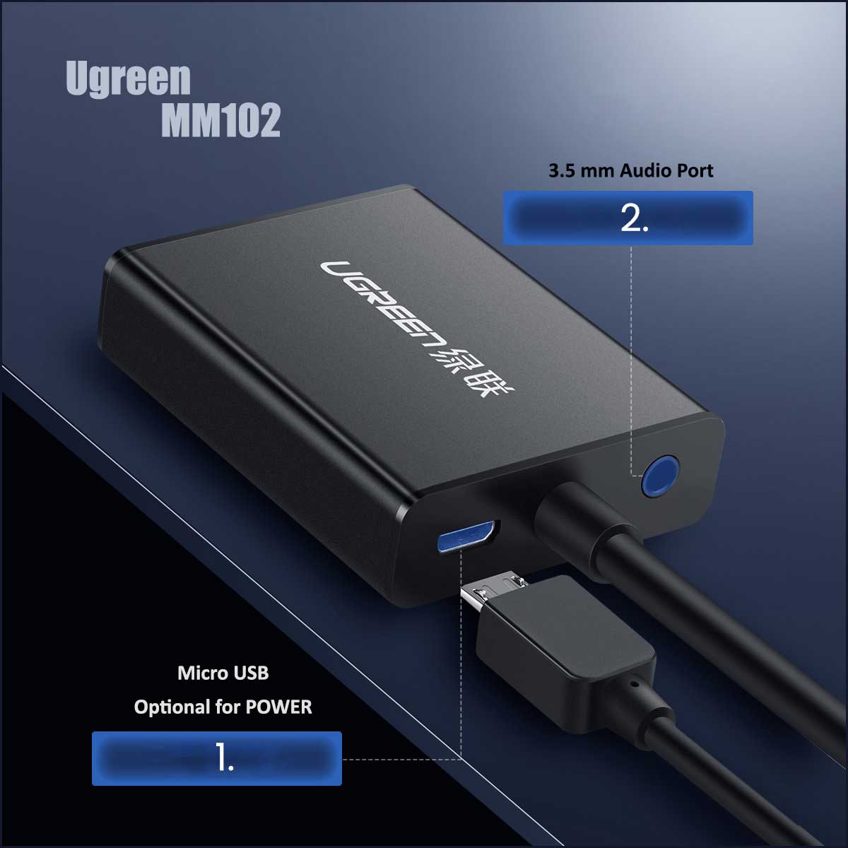 مبدل HDMI به VGA یوگرین Ugreen MM102 به همراه جک 3.5 میلی‌متری برای خروجی صدا
