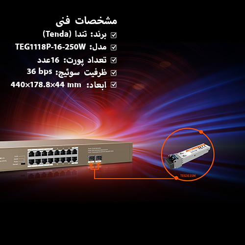 سوئیچ تندا Tenda TEG1118P-16-250W | شبکه ساز